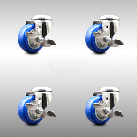 Service Caster 3.5 Inch 316SS Blue Polyurethane Wheel Swivel Bolt Hole Caster Set with Brake SCC-SS316BH20S3514-PPUB-BLUE-TLB-4